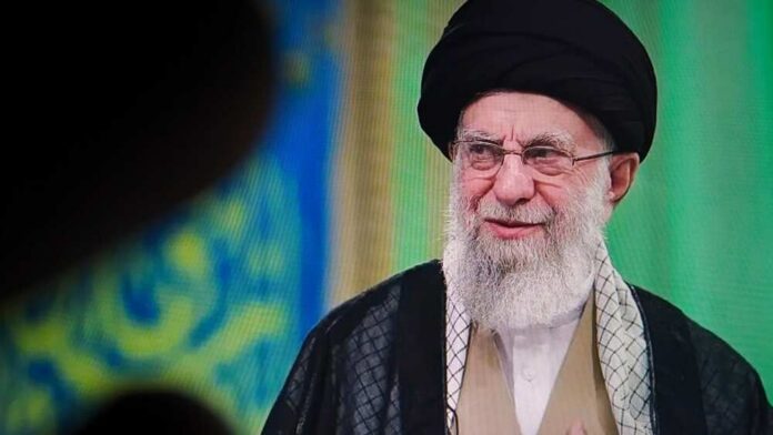 A,Closeup,Of,Ayatollah,Ali,Khamenei,,The,Supreme,Leader,Of A religious leader speaking in traditional attire against a colorful background