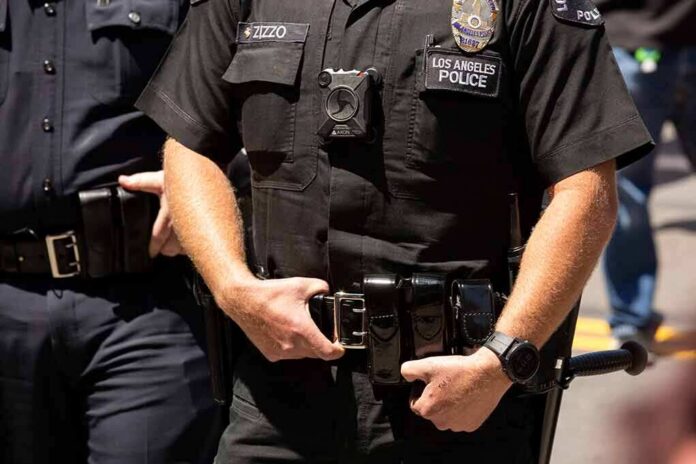 Police officers in black uniforms with duty belts