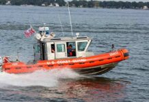 Coast Guard patrol boat speeding across a bay