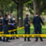 crime scene tape with police officers in a park