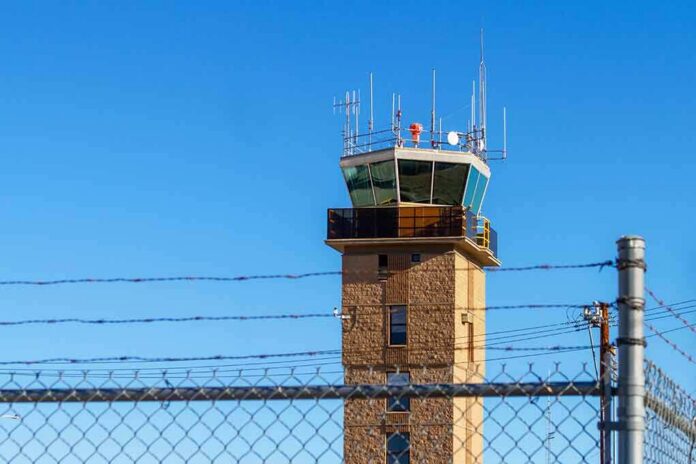 Airport control tower behind chain-link and barbed-wire fence