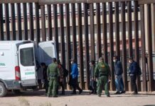 Border agents escort a group near a tall fence and a patrol van