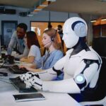 Robot and office workers at computers in a modern workspace