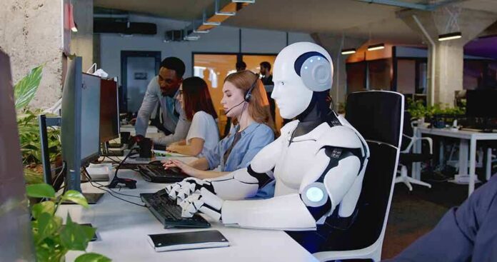 Robot and office workers at computers in a modern workspace