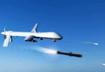 Drone Strikes Hit Deep Behind Enemy Lines military drone firing missiles in clear blue sky