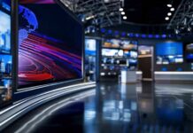 modern television news studio with large video screens