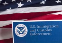 U.S. ICE document against American flag