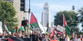 Protesters holding Palestinian flags gather in a city street
