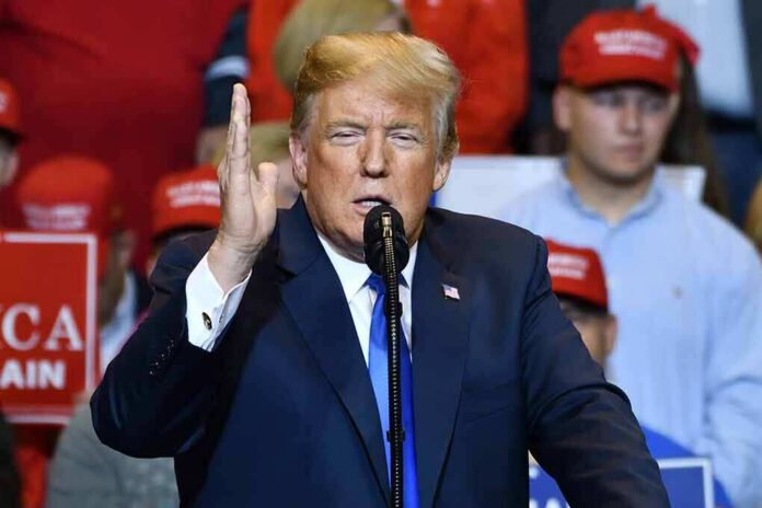 Donald Trump speaking at a rally with supporters in the background