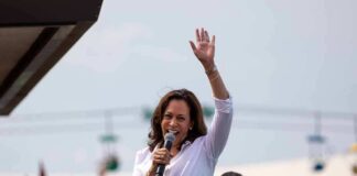 Kamala Harris speaking at outdoor rally, Paul Scholes in the crowd