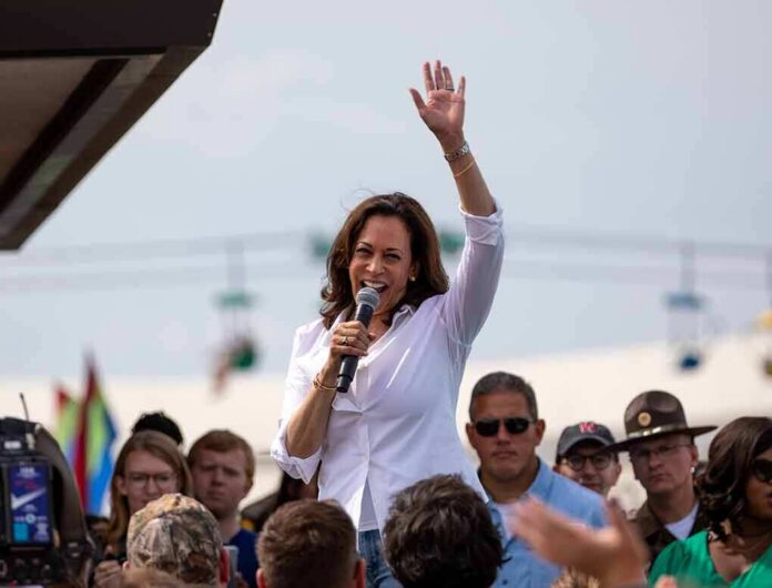 shutterstock_1476184442 Kamala Harris speaking at outdoor rally, Paul Scholes in the crowd
