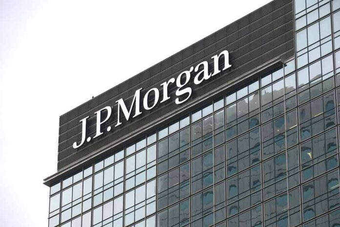 J.P. Morgan logo on a modern glass office tower