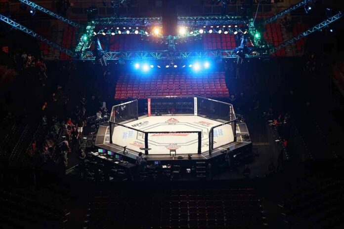 MMA octagon cage under arena lights