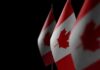Canadian flags with maple leaf on dark background
