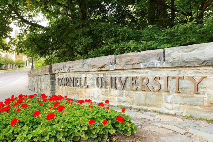 shutterstock_2015792822 Cornell University stone entrance sign with red flowers