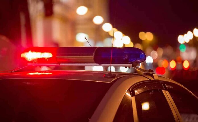 Police car with flashing red and blue lights at night