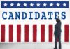 A Shared Consultant Sparks New Election Questions Man in suit writing on wall with word candidates and patriotic design