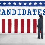 A Shared Consultant Sparks New Election Questions Man in suit writing on wall with word candidates and patriotic design