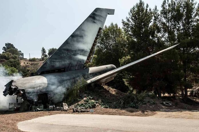 Wrecked airplane tail section beside a road