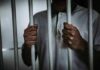 Person gripping prison bars with both hands