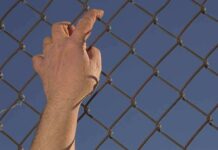 Hand gripping a chain-link fence