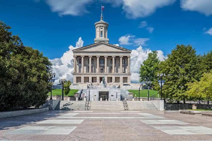 Neoclassical capitol building with central tower and steps