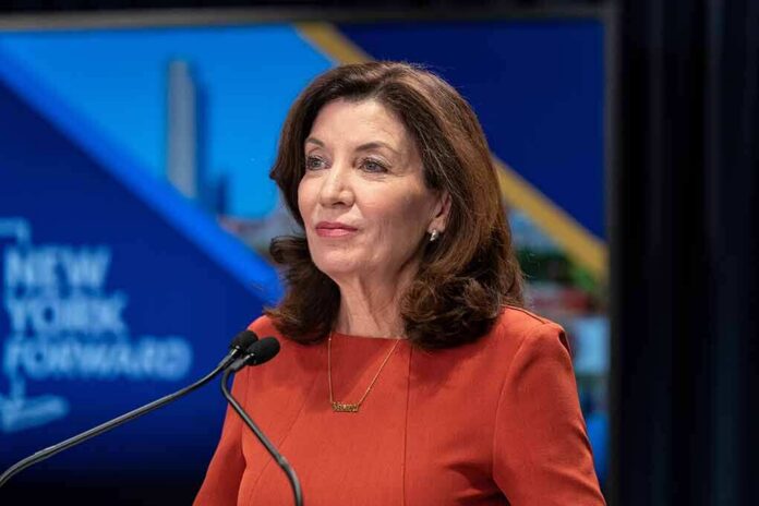 shutterstock_2050379687 Kathy Hochul speaking at a podium with microphones